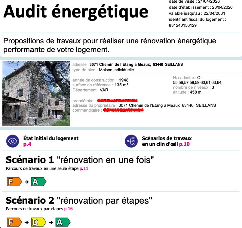 Rapport d'audit énergétique avec scénarios de travaux